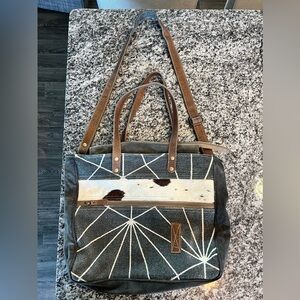 Large Myra Bag Gray and Off White with Cowhide and Leather, Removable Strap